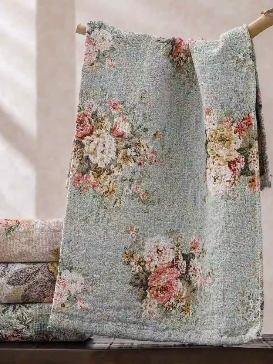 Retro Botanic Flower Jacquard Hemp Face Towel 3-Pcs Set