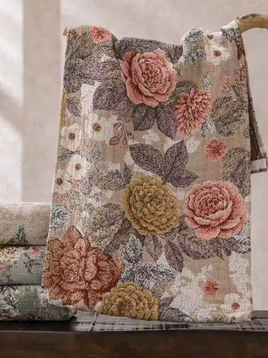 Retro Botanic Flower Jacquard Hemp Face Towel 3-Pcs Set