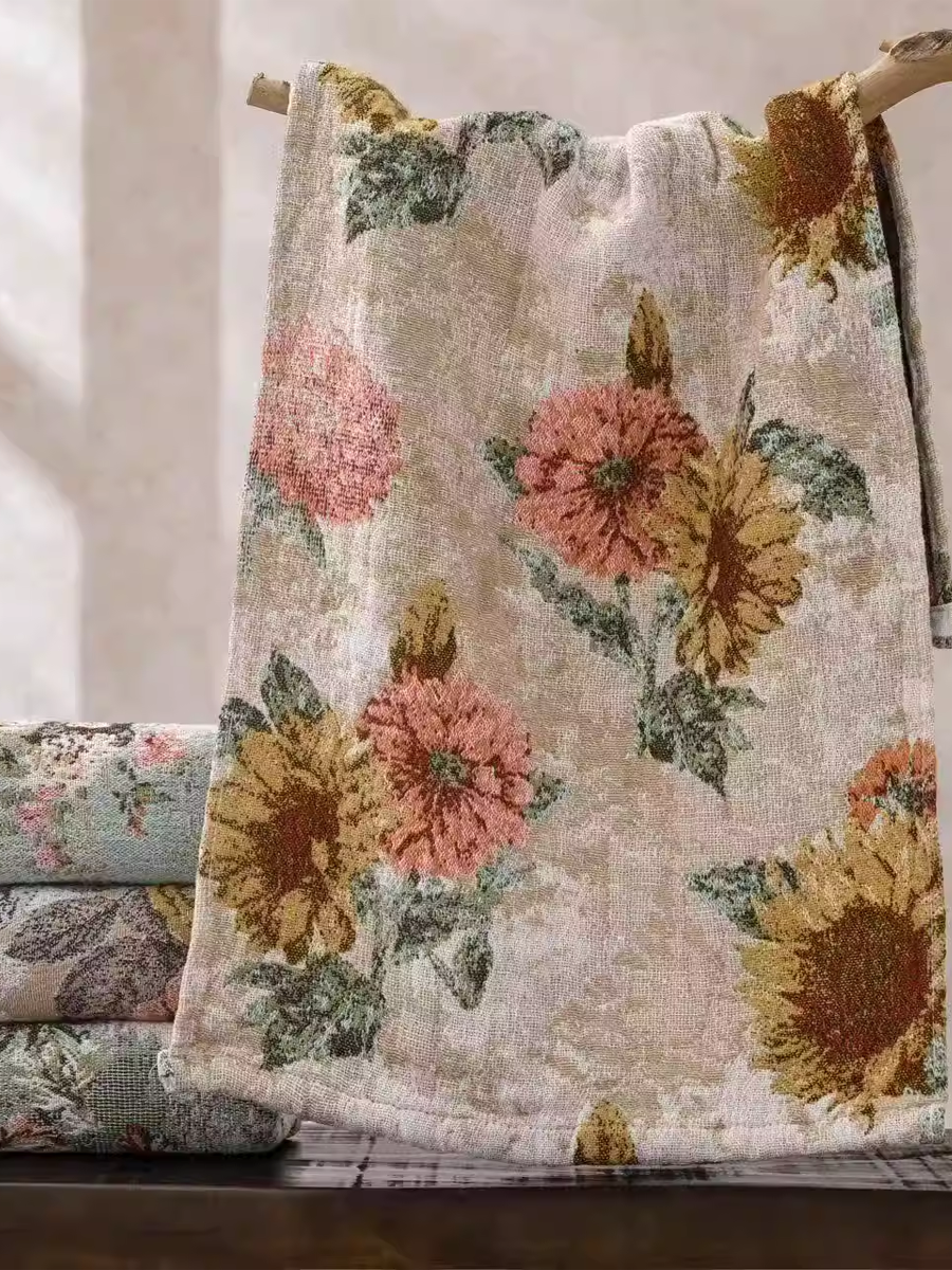 Retro Botanic Flower Jacquard Hemp Face Towel 3-Pcs Set