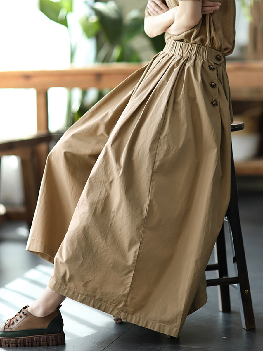 Plus Size Women Summer Solid Pleat Button Pocket Wide-leg Pants