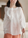 Plus Size Women Summer Solid Vintage Full Sleeve Ramie Blouse