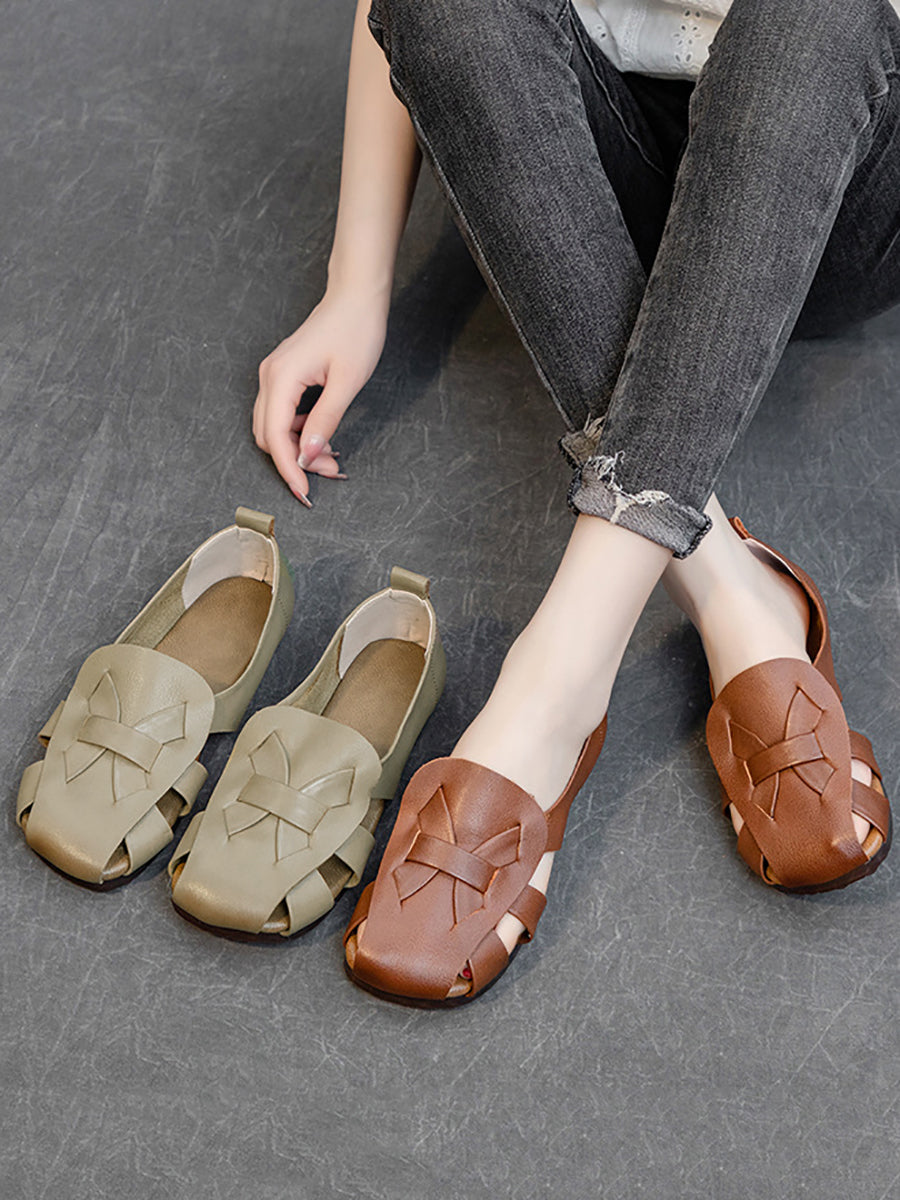 Women Summer Solid Vintage Leather Hollow Out Soft Shoes