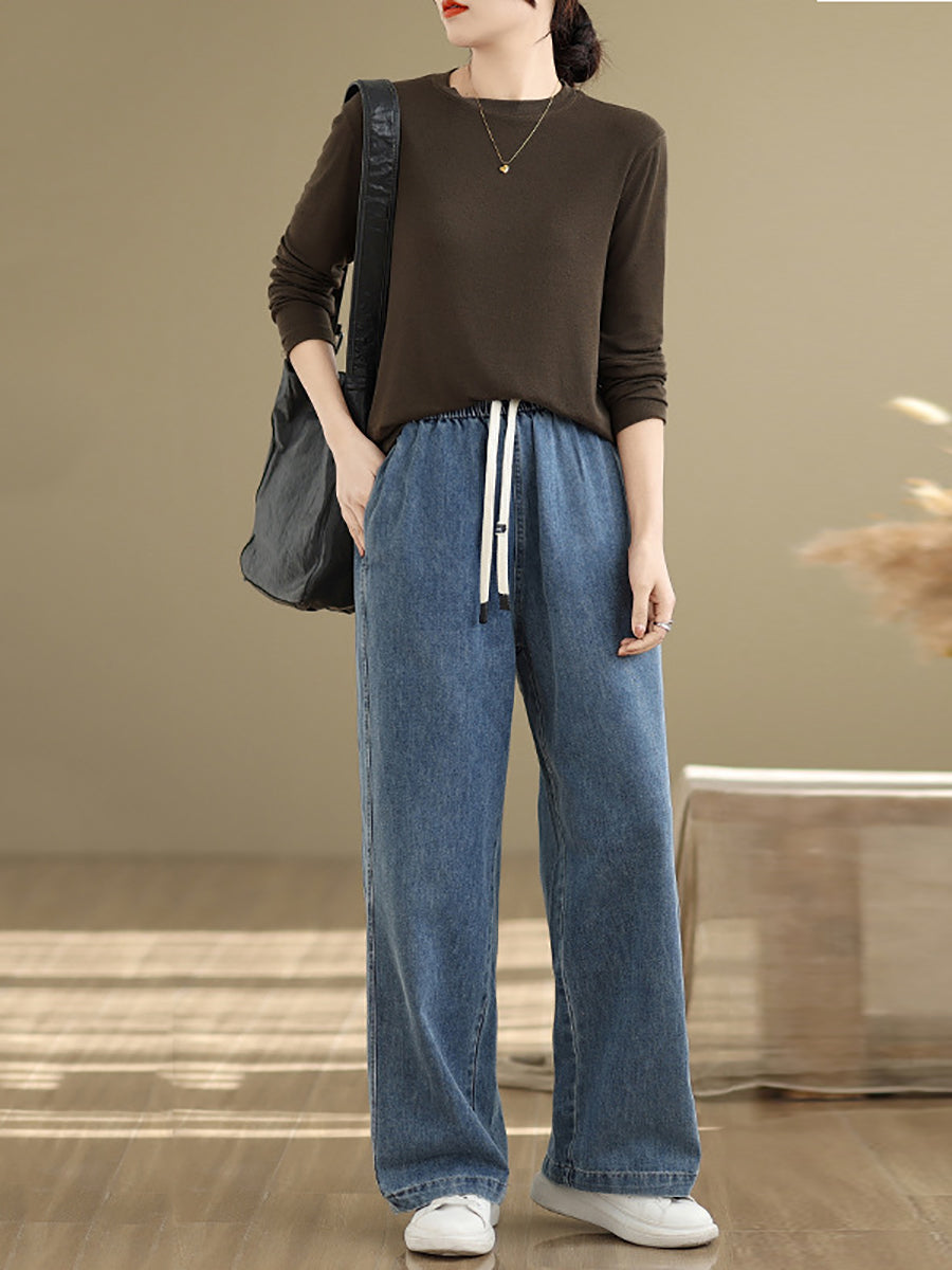 Plus Size Women Spring Casual Pure Color Denim Straight Pants