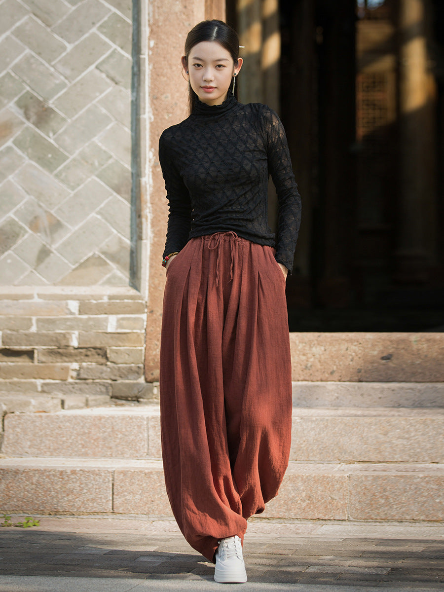 Women Autumn Vintage Solid Ramie Loose Harem Pants