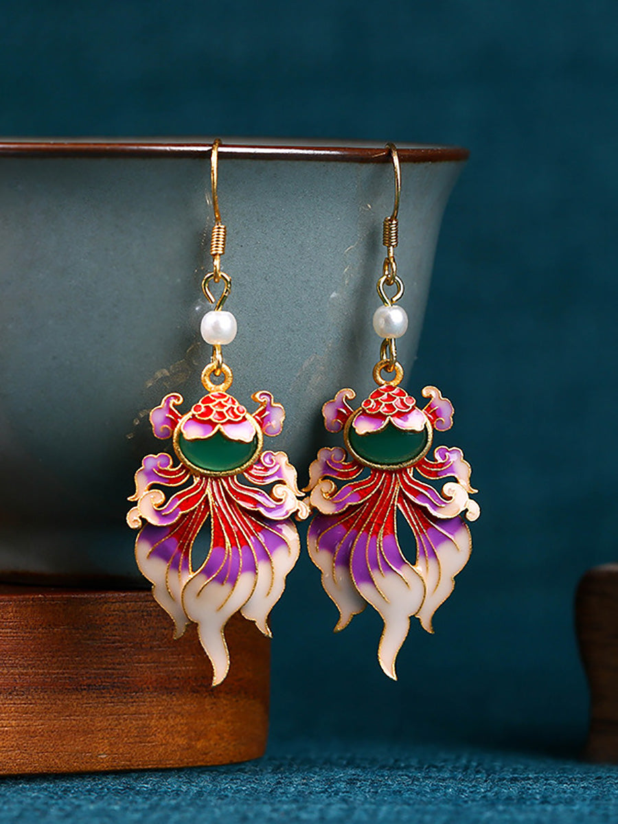 Women Vintage Enamel Koi Silver Earrings