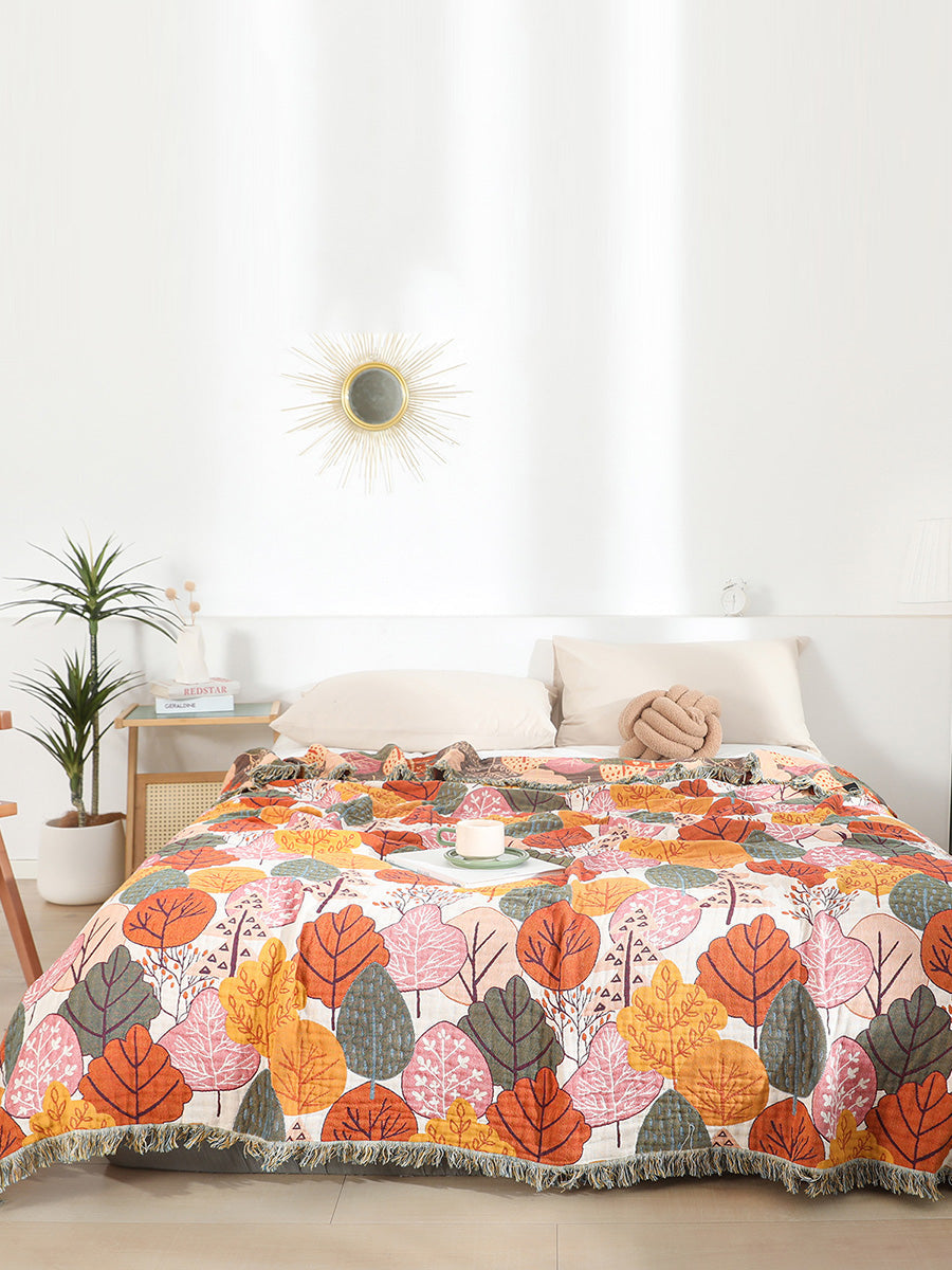 100%Cotton Leaf Tassel Bedcover Sofa Blanket