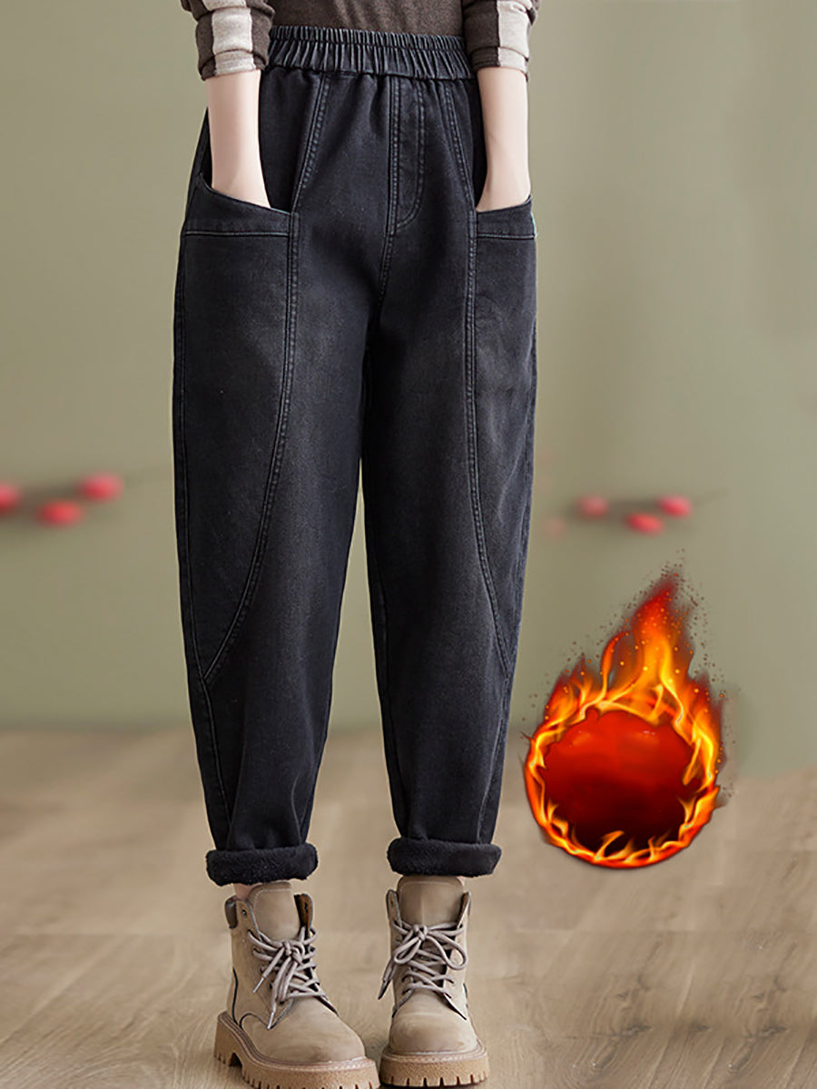 Women Autumn Vintage Solid Fleece-lined Denim Harem Pants