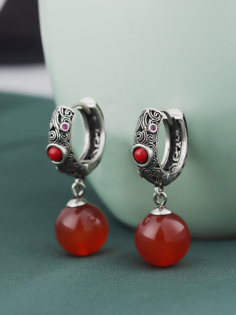 Vintage Red Agate Cooper-plating Silver Earrings