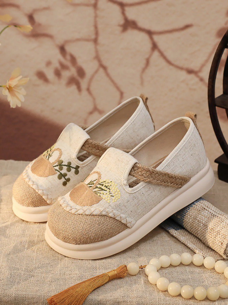 Women Ethnic Embroidery Linen Spliced Flat Shoes