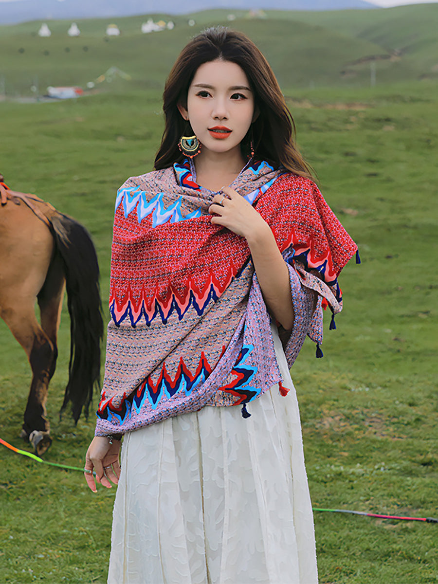 Women Ethnic Print Tassel Shawl Scarf