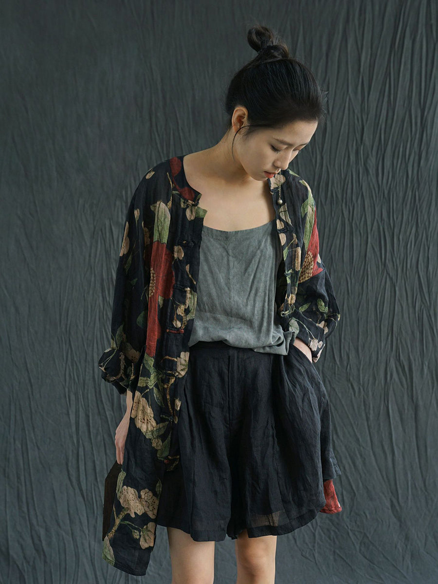 Plus Size Women Vintage Flower Print Ramie Spring Shirt
