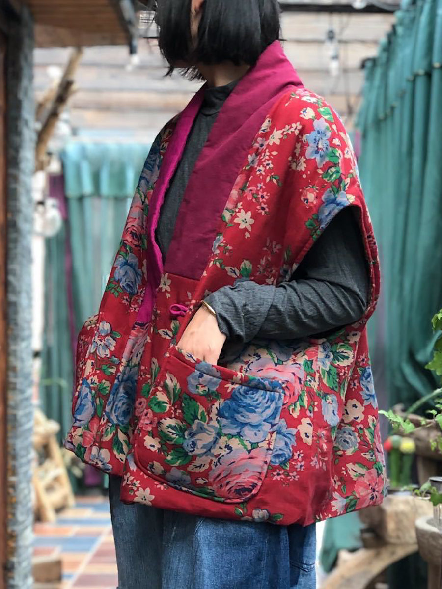 Plus Size Women Vintage Floral Spliced V-neck Vest Coat