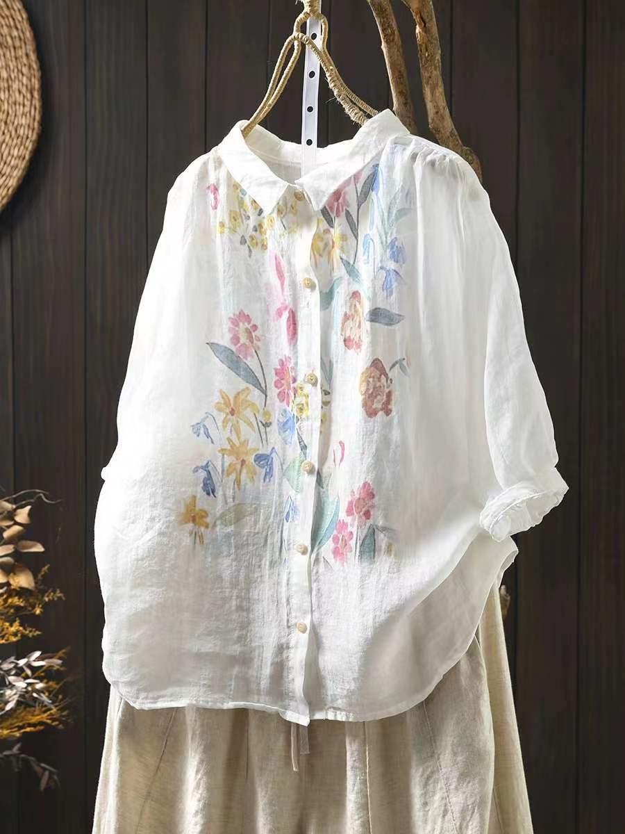 Plus Size Women Artsy Summer Flower Print Ramie Shirt