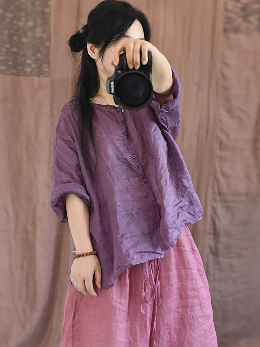 Plus Size Women Vintage Solid Summer Stitching Shirt