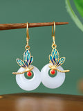 Women Vintage Dragonfly Enamel Round Jade Earrings