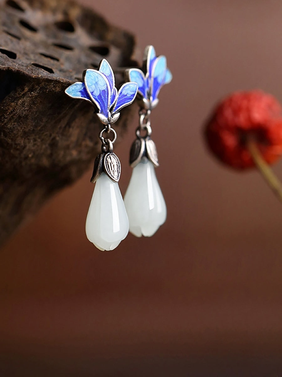 Women Ethnic Jade Magnolia Enamel Flower
