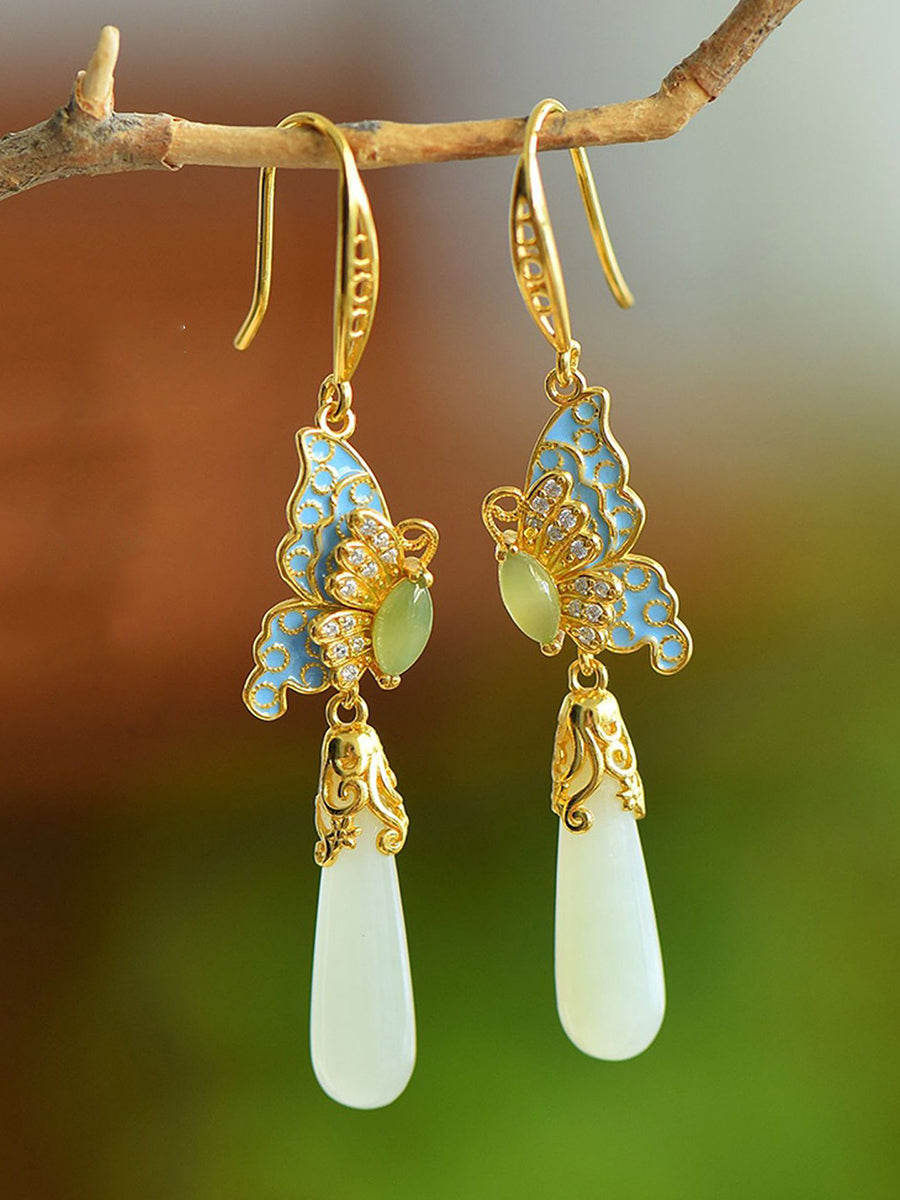 Women Ethnic Jade Enamel Butterfly S925Silver Earrings