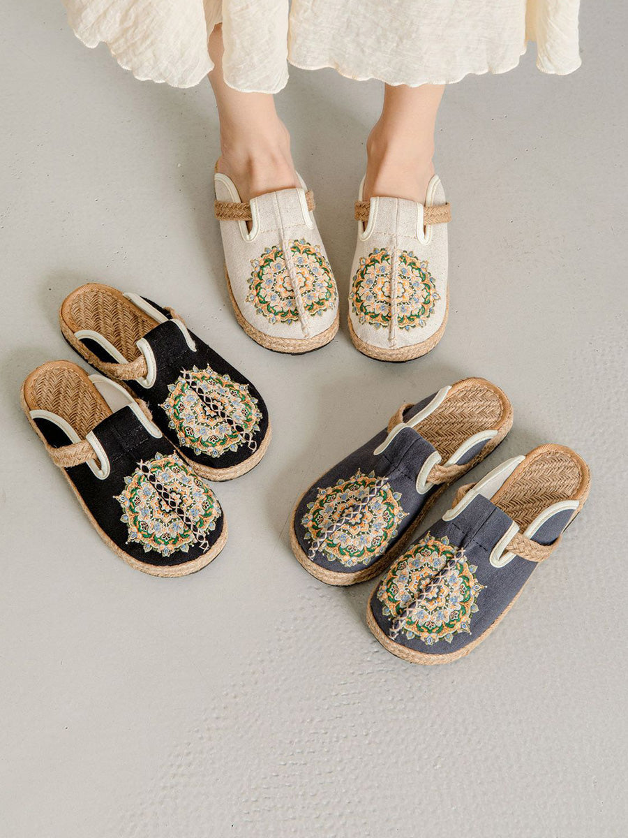 Women Summer Flower Embroidery Linen Slippers
