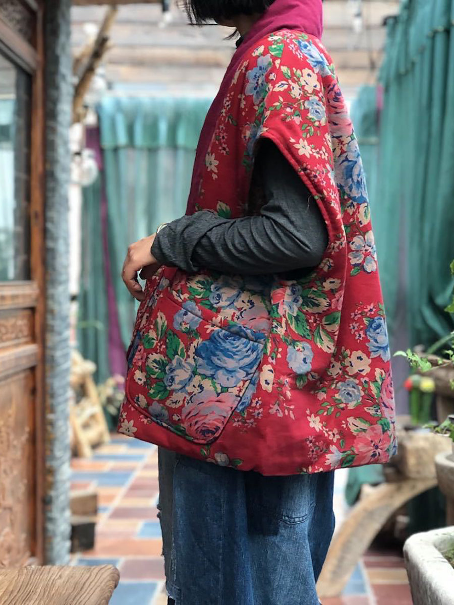 Plus Size Women Vintage Floral Spliced V-neck Vest Coat
