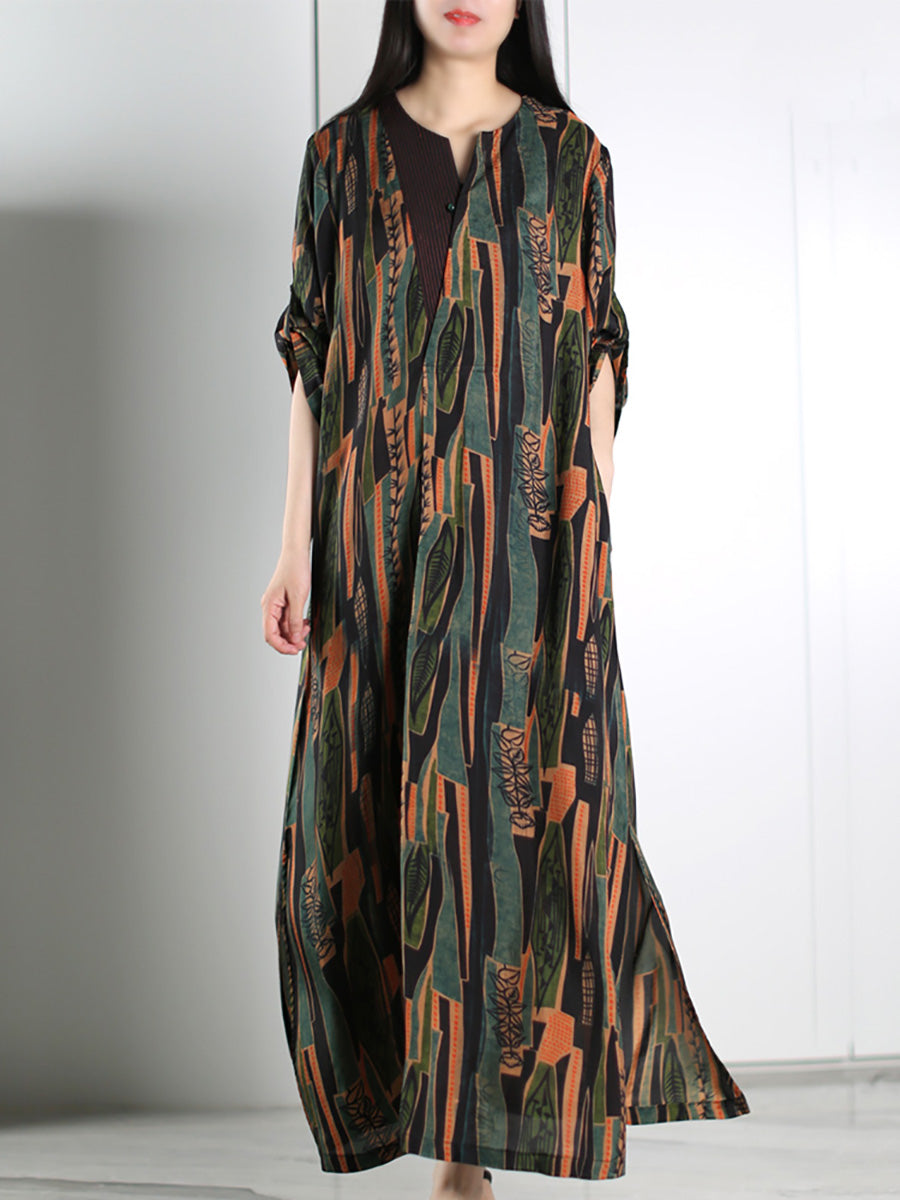 Plus Size Women Autumn Vintage Spliced Maxi Dress