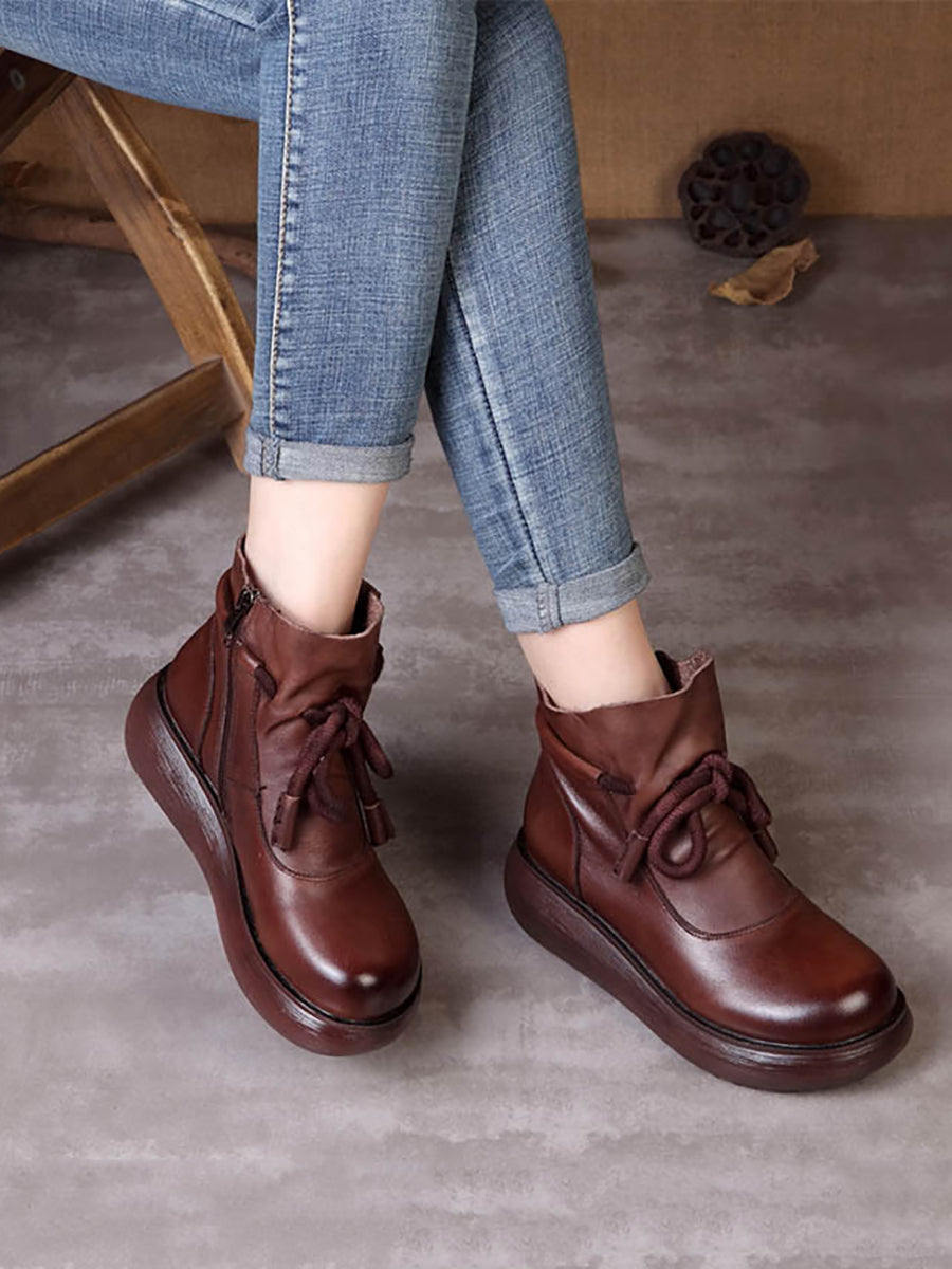 Women Vintage Winter Leather Spliced Platform Boots