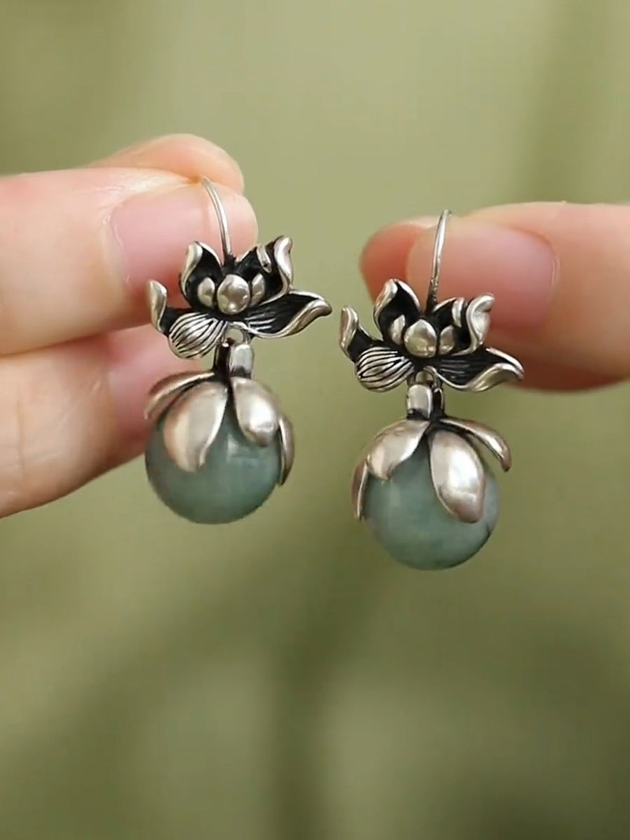Women Vintage Jade Lotus Alloy Earrings