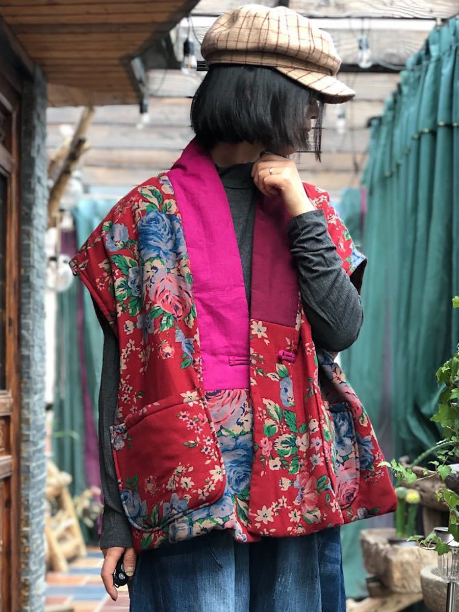 Plus Size Women Vintage Floral Spliced V-neck Vest Coat