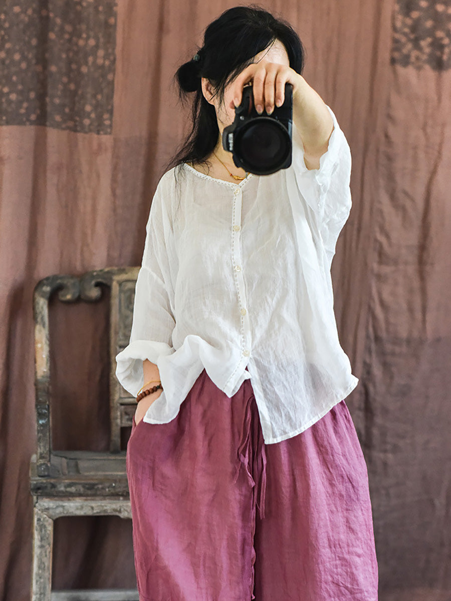 Plus Size Women Vintage Solid Summer Stitching Shirt
