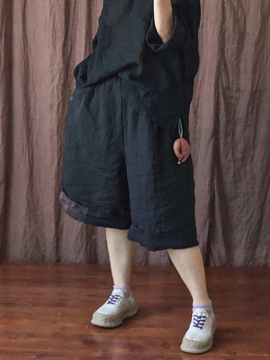Plus Size Women Vintage Patch Stitching Loose Short Pants