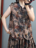 Plus Size Women Summer Ethnic Ink Flower Ramie Shirt/Skirt