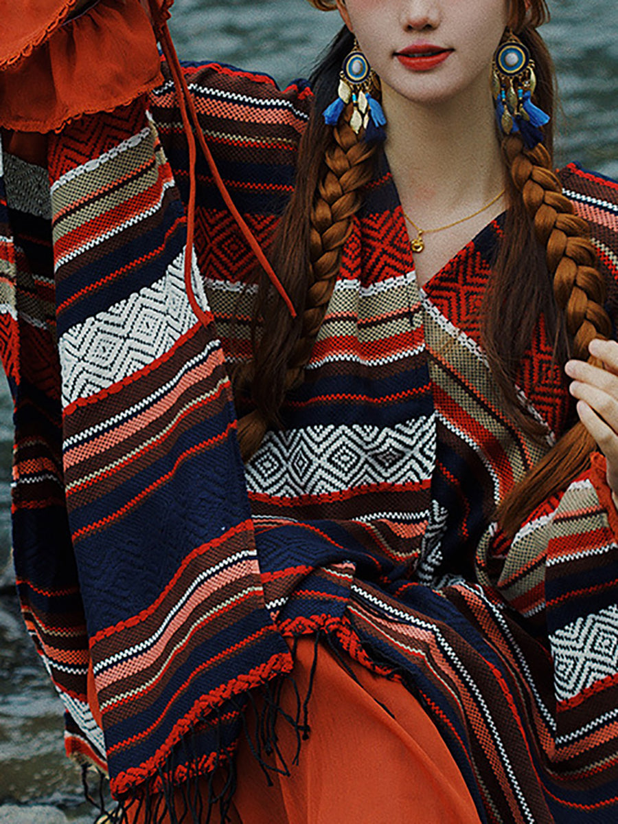 Women Ethnic Colorblock Stripe Tassel Shawl Scarf