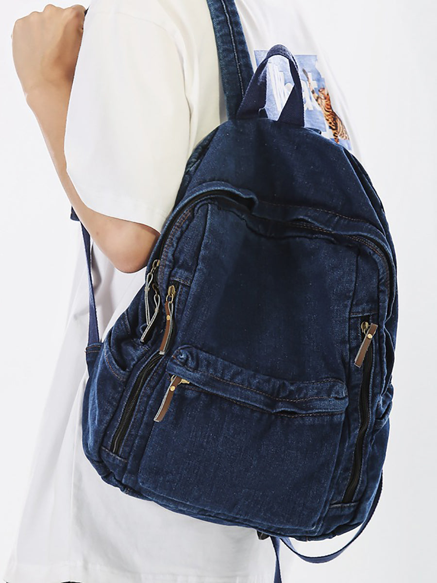 Women Casual Solid Large Capacity School Denim Backpack