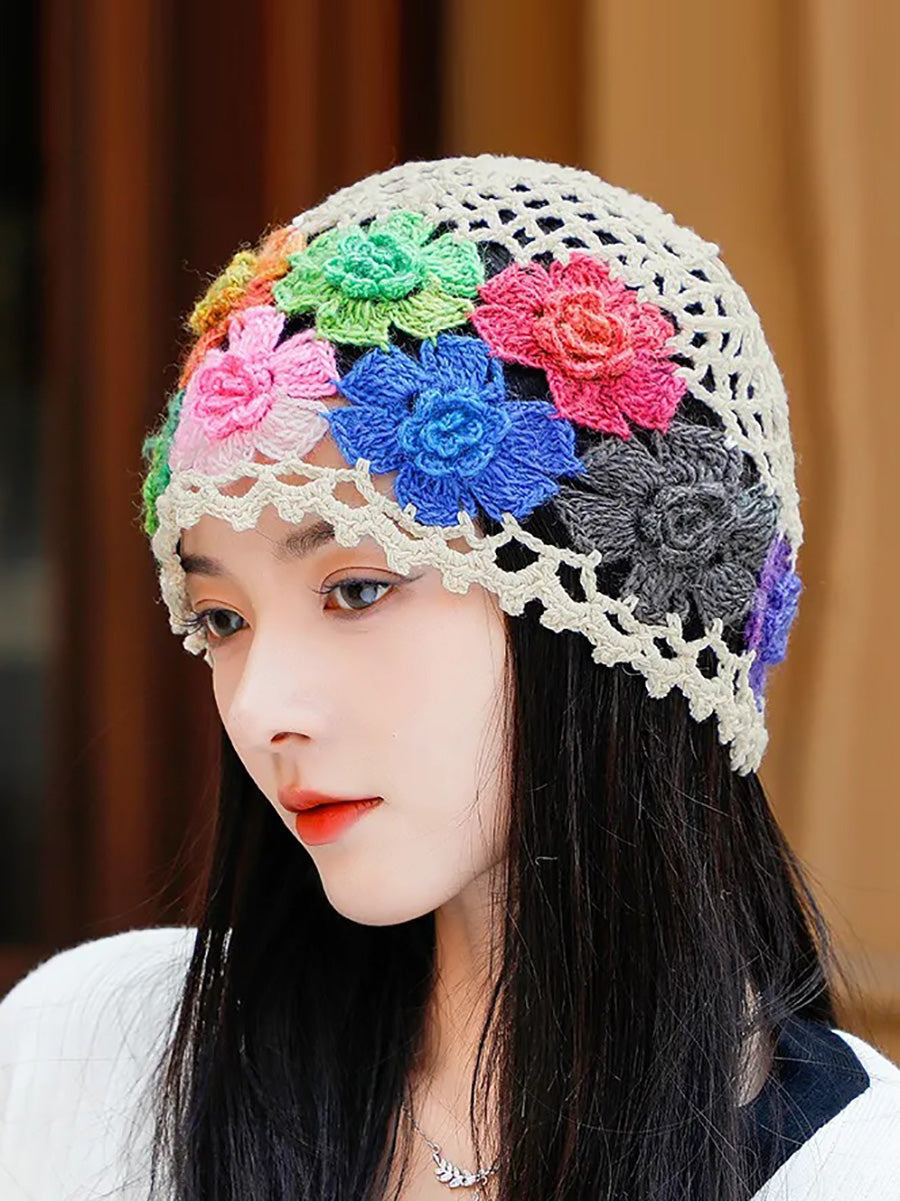 Women Artsy Colorful Flower Knit Hat