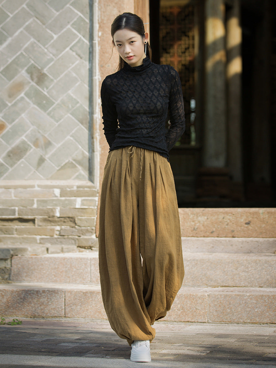 Women Autumn Vintage Solid Ramie Loose Harem Pants