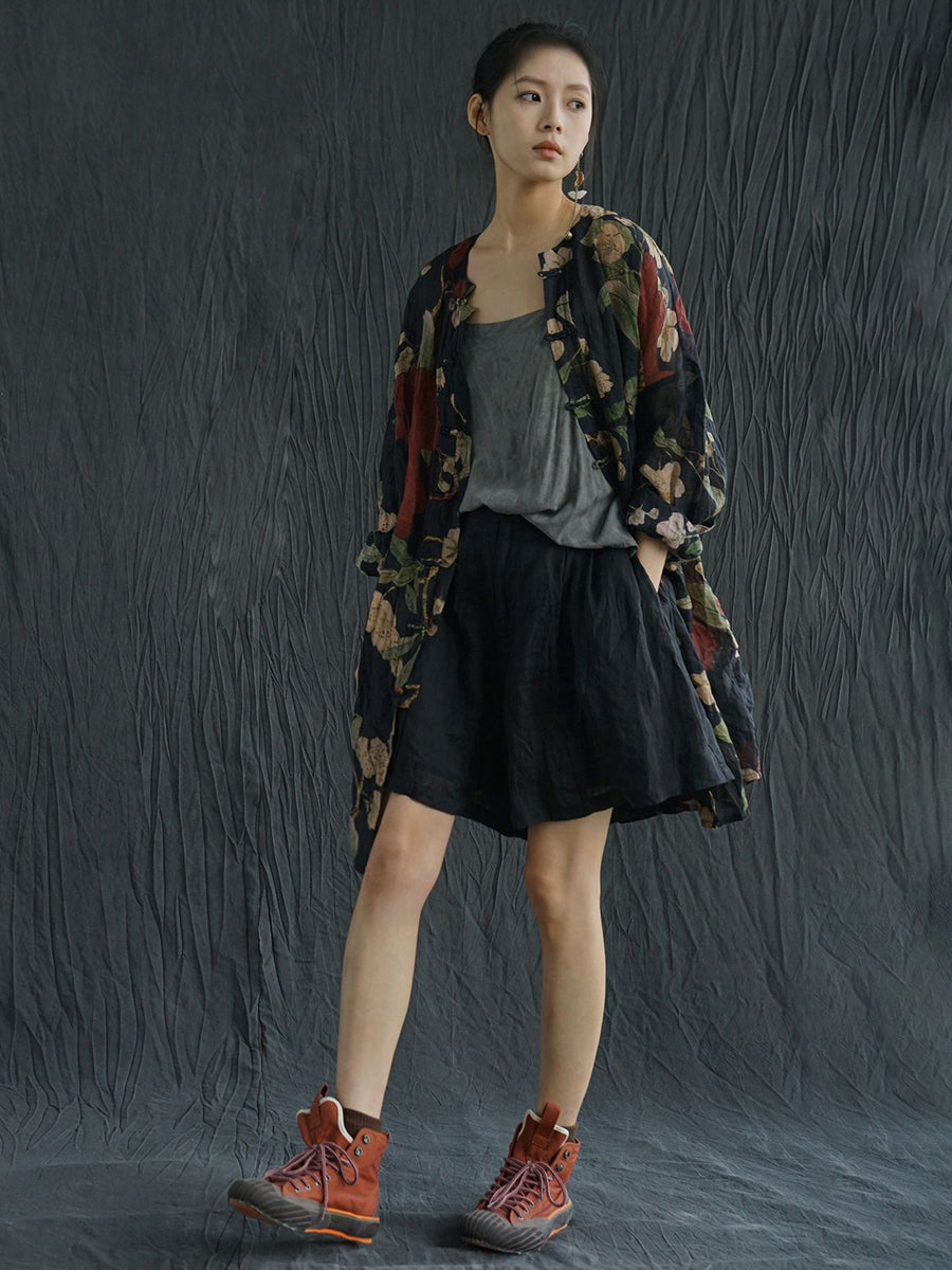 Plus Size Women Vintage Flower Print Ramie Spring Shirt