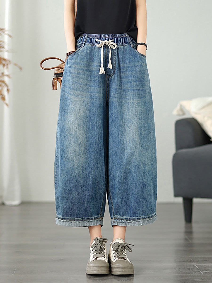 Plus Size Women Casual Summer Pure Color Wide-leg Jeans