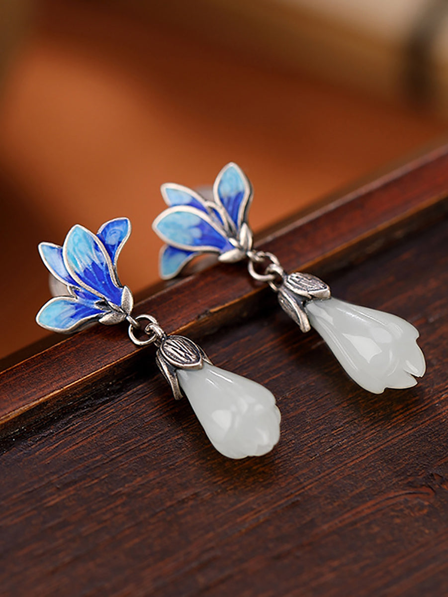 Women Ethnic Jade Magnolia Enamel Flower