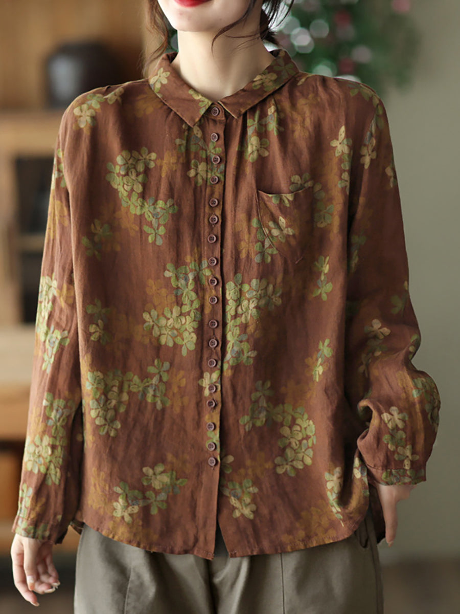 Summer Vintage Printed Linen Shirt Turn-down Collar Top