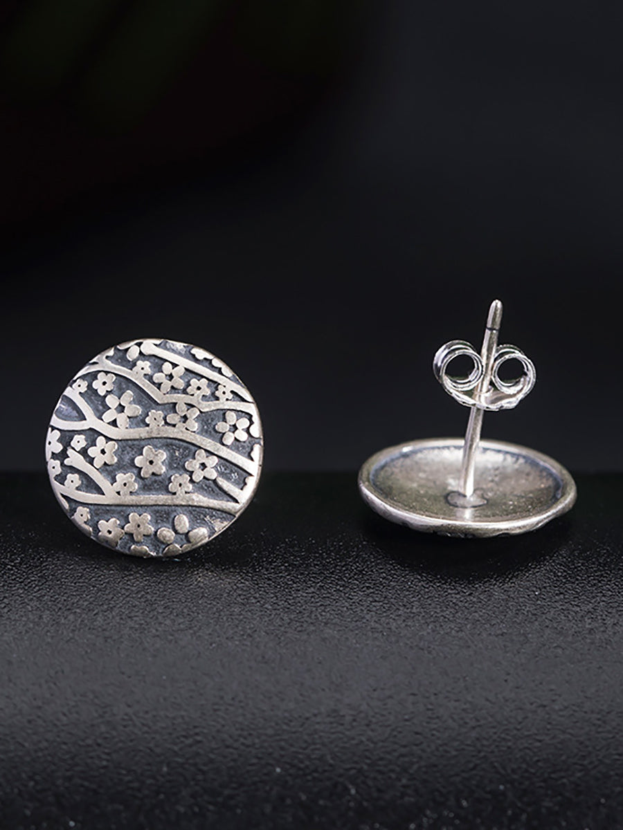 Women Vintage Silver Flower Carve Round Earrings
