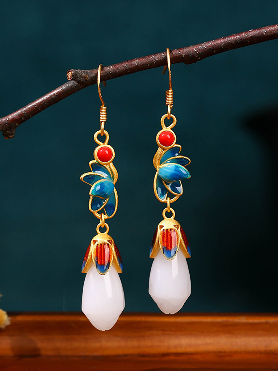 Women Vintage Flower Cloisonne Jade Mangnolia Silver Earrings