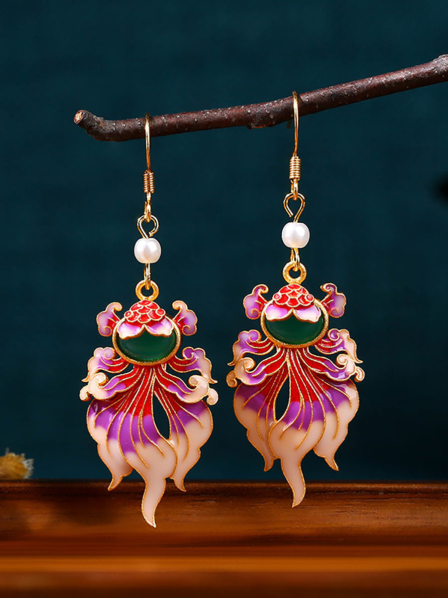 Women Vintage Enamel Koi Silver Earrings