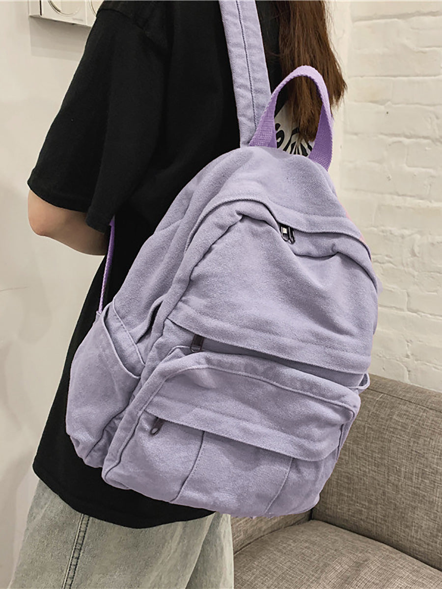 Women Casual Pure Color Canvas Backpack