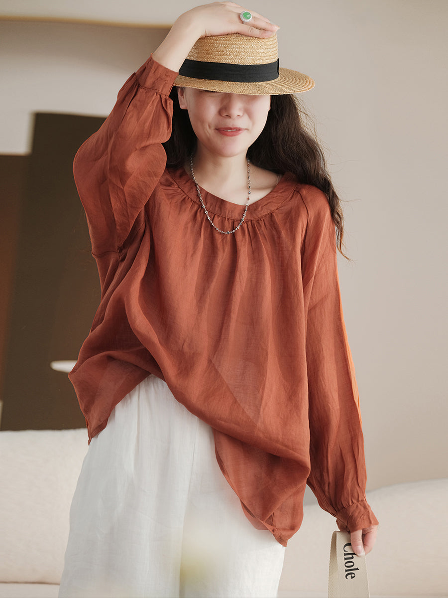 Plus Size Women Summer Solid Vintage Full Sleeve Ramie Blouse