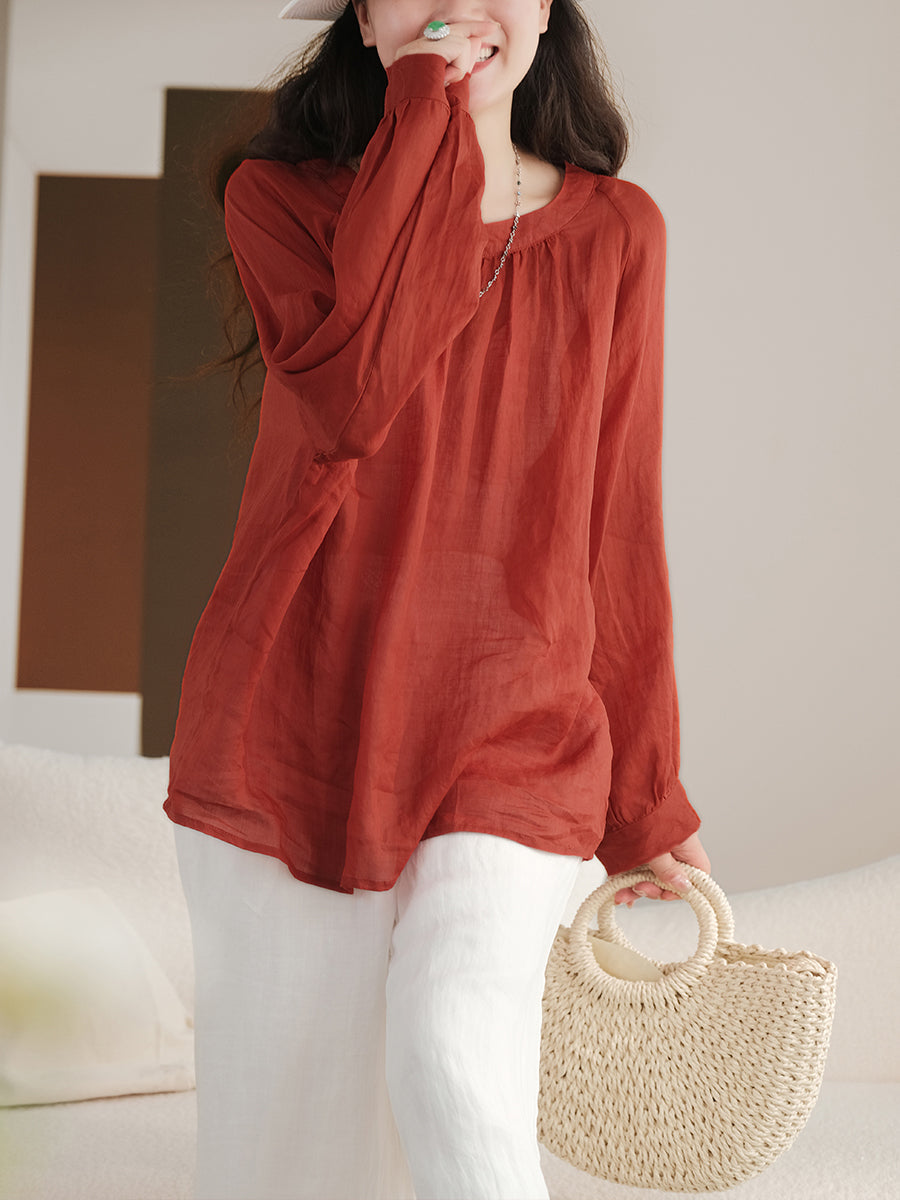 Plus Size Women Summer Solid Vintage Full Sleeve Ramie Blouse