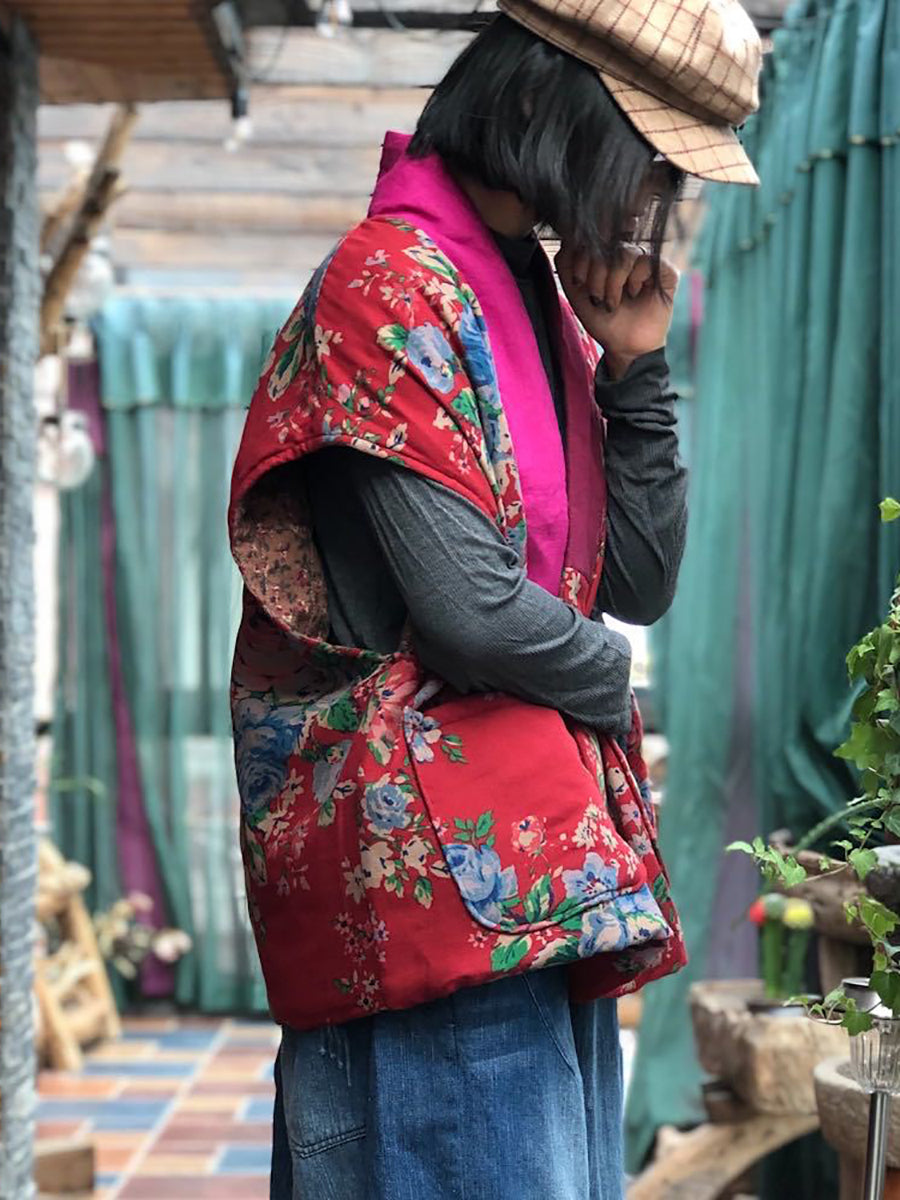 Plus Size Women Vintage Floral Spliced V-neck Vest Coat