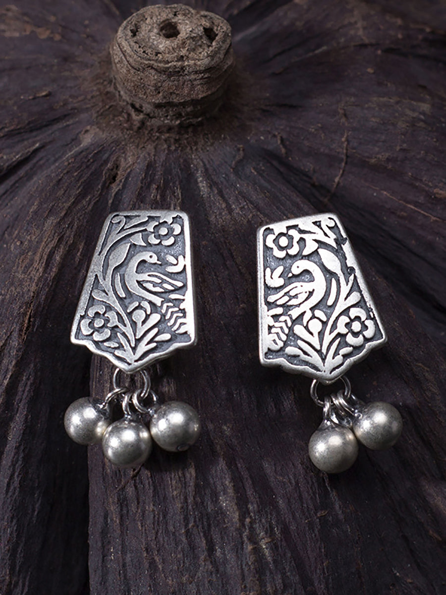 Women Vintage Silver Carve Bead Pendant Earrings