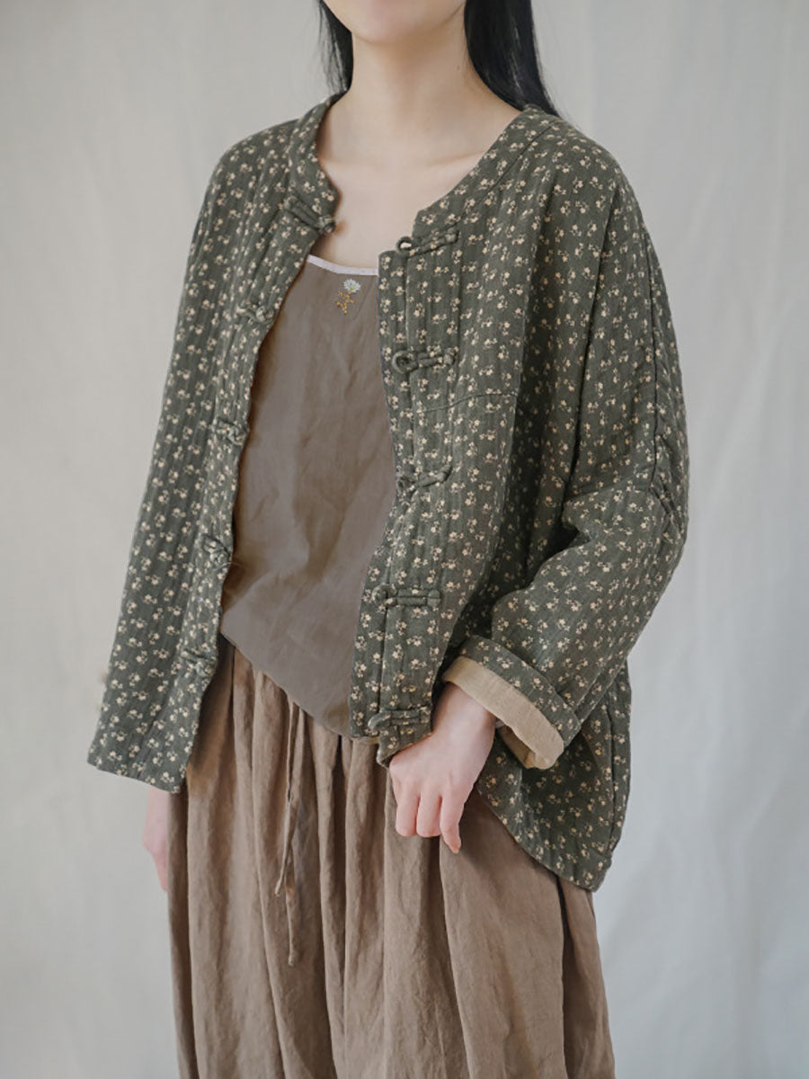 Plus Size Women Ethnic Autumn Floral Button-up Cotton Coat
