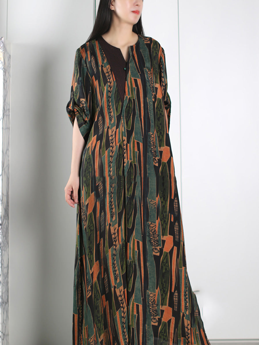 Plus Size Women Autumn Vintage Spliced Maxi Dress