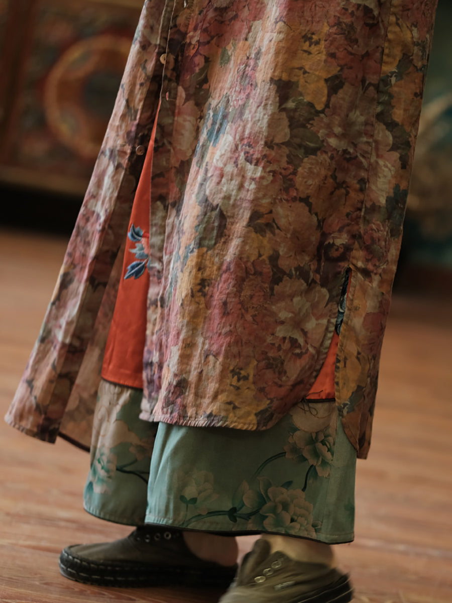 Women Vintage Floral Retro Ramie Button-up Long Shirt