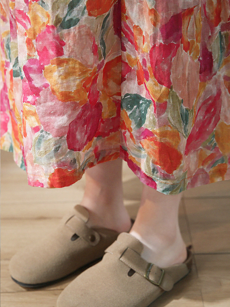Plus Size Women Summer Artsy Flower Drawstring Ramie Skirt
